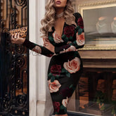 Hnewly Autumn Long Sleeve Bodycon Elegant Office Lady Dress Fashion Houndstooth Print Sexy V - Neck